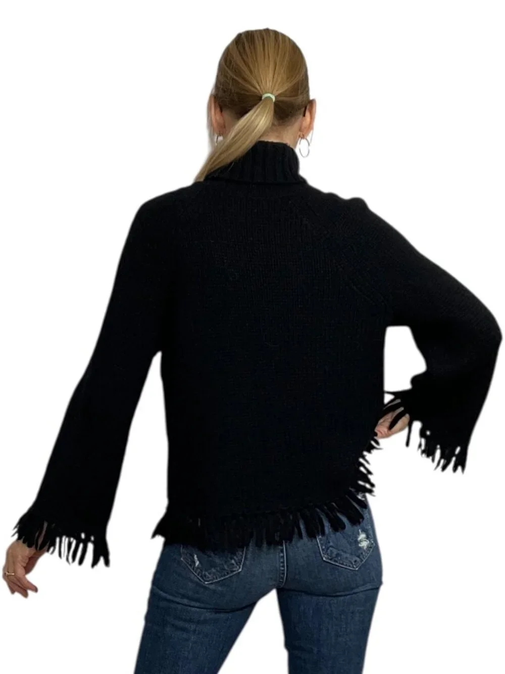 Tory Burch Turtleneck Fringe Jennifer Sweater S Black Alpaca Wool